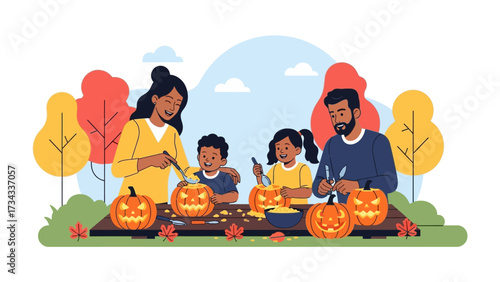 Family Fun: A family comes together to carve jack-o'-lanterns. Their shared smiles and festive atmosphere celebrate Halloween.