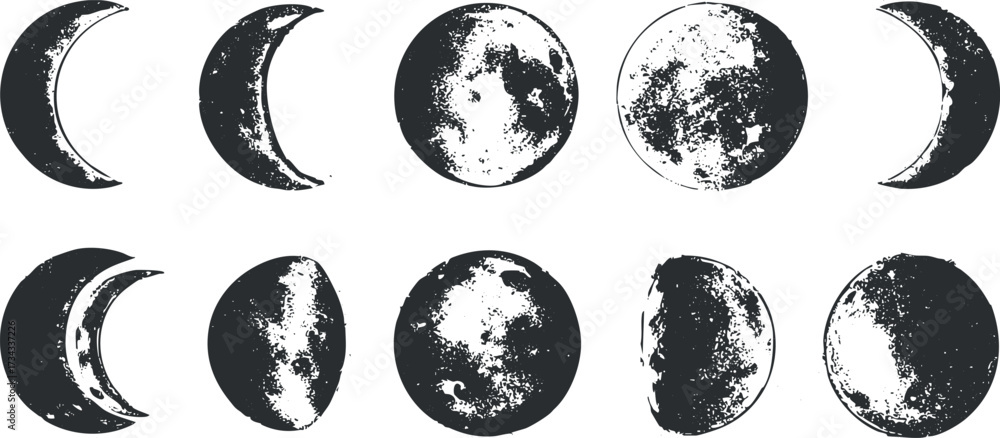 Obraz premium Illustration of various moon phases from crescent to full moon in black and white..