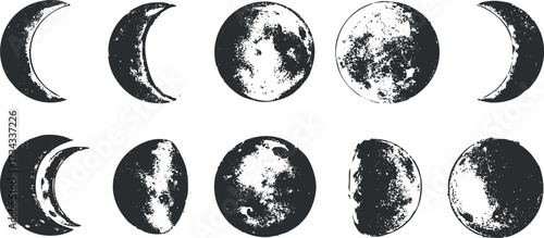 Illustration of various moon phases from crescent to full moon in black and white..
