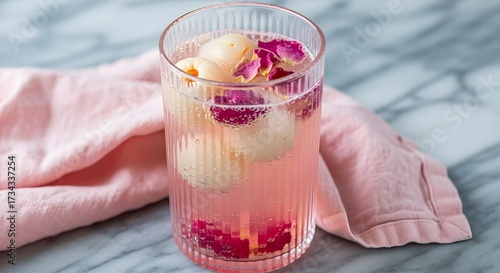 Refreshing Lychee Rose Drink with Pink Napkin on Marble Surface.