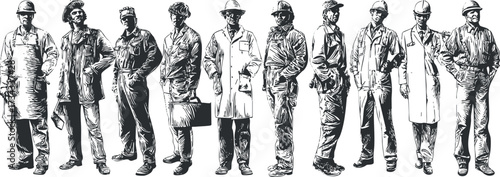 A diverse group of male workers in various occupations showcasing historical labor and industry..