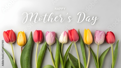 Happy Mothers day with tulips on white background. Flat lay.	