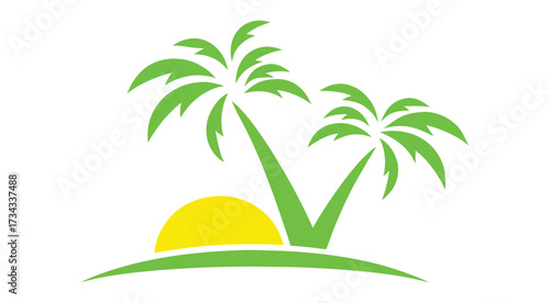This vector illustration captures the tropical island paradise with a palm tree silhouette against the summer sea and sky