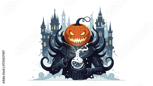 Spooky Halloween Figure: An eerie scene unfolds as a jack-o'-lantern-headed figure, with glowing eyes, gazes over a concoction with a gothic castle backdrop.