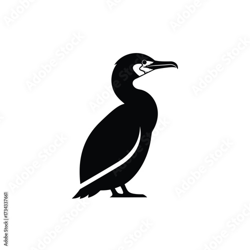 Black silhouette of a cormorant bird standing profile isolated on white background silhouette
