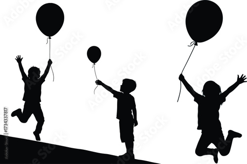 Three children with balloons silhouette kids playing, children, kids, silhouette, balloons, playing, joy, happiness, fun, celebration, freedom, childhood, innocence, summer, outdoors, running, jumping