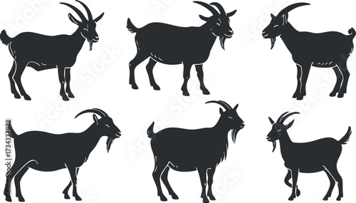 A collection of goat silhouettes showcasing various poses and movements for agricultural themes..