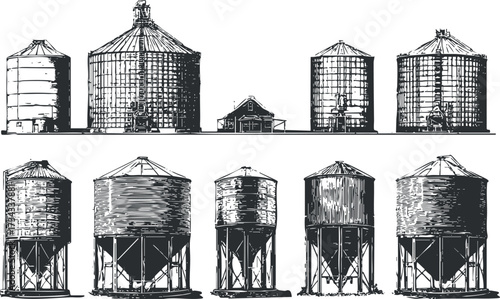 Illustration of various types of silos and water tanks in a rural setting..