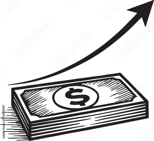 Hand drawn illustration of a stack of us dollar bills with an upward trending arrow symbolizing financial growth and increasing wealth