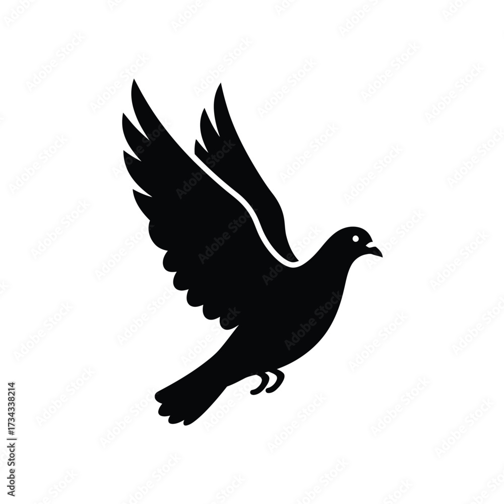 Fototapeta premium A black silhouette of a dove in flight with wings spread widely isolated on white background