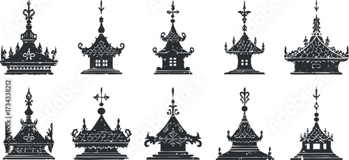 Collection of decorative architectural silhouettes featuring various traditional roof designs and ornaments.