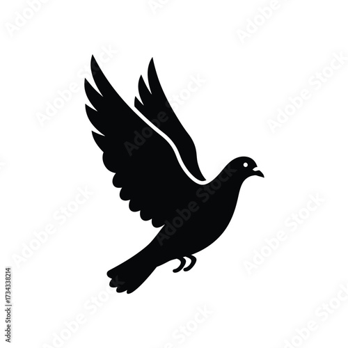 A black silhouette of a dove in flight with wings spread widely isolated on white background