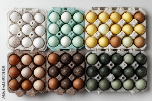 Colorful egg assortment in various cartons, overhead studio shot