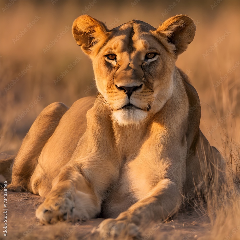 Obraz premium Majestic Lioness Resting in Golden Savannah Grass at Sunset
