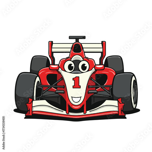 A vibrant and speedy cartoon F1 car takes center stage in this dynamic flat 2D vector illustration, set against a crisp, plain white background, perfect for conveying high-octane racing excitement.