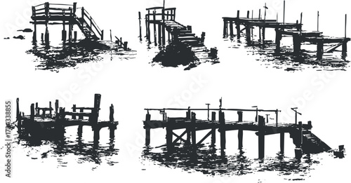 Silhouettes of various piers and docks reflected in calm water..