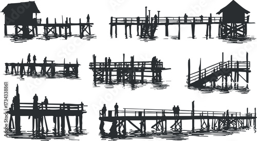 Silhouettes of various piers and docks over calm water showcasing outdoor recreational activities..