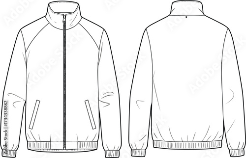 Zip-front jacket technical drawing—high collar, raglan sleeves, elastic cuffs—vector fashion sketch, garment design, outerwear blueprint, minimalist silhouette