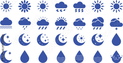 Weather condition icon set representing sun rain clouds and moon