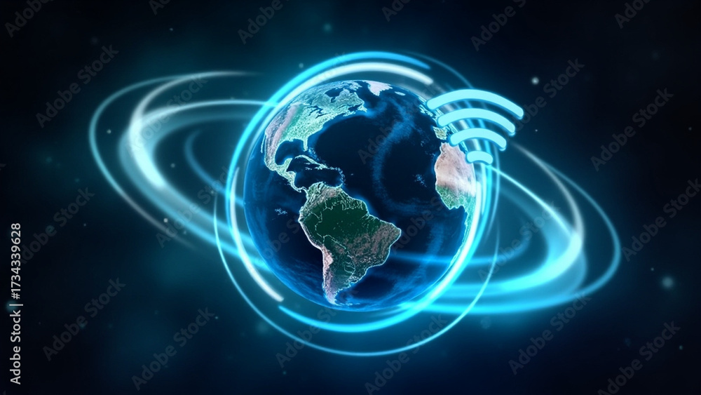 Obraz premium Global Connectivity: A captivating visual of the earth encircled by luminous blue rings, representing the digital connectivity of a global network.
