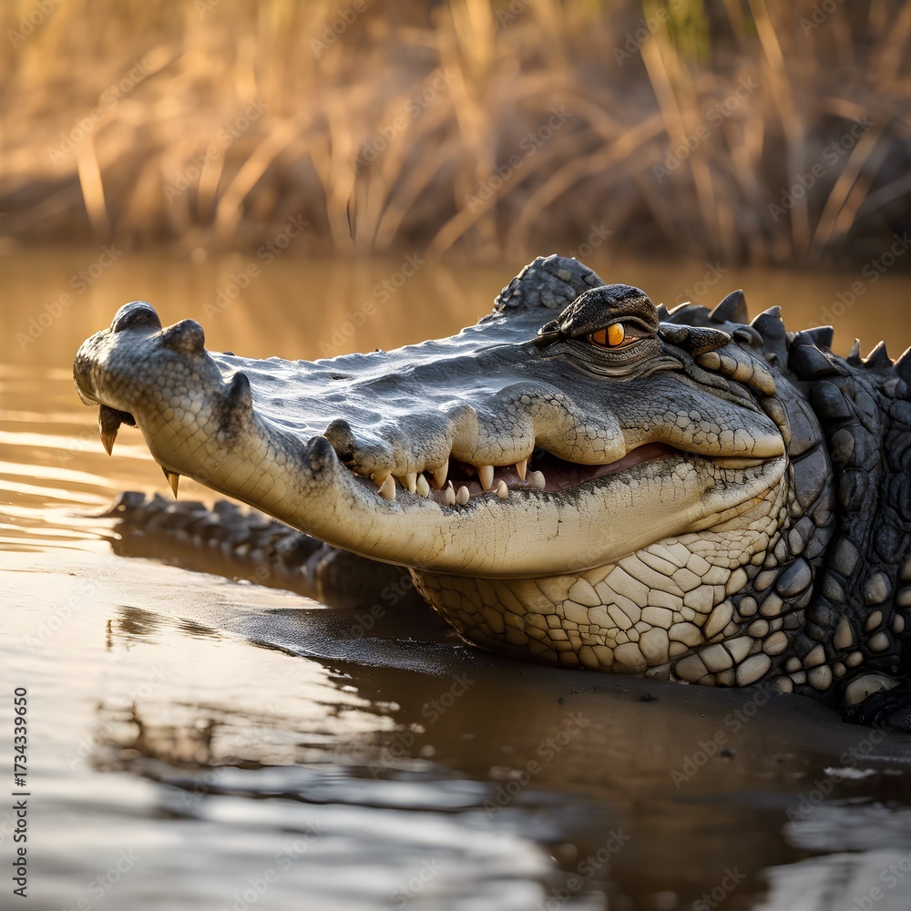 Fototapeta premium Golden Hour Gaze: A Powerful Crocodile Emerges from the Water