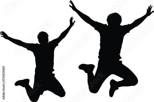 Two men jumping in celebration silhouette black, men, jumping, celebration, silhouette, black, white, background, isolated, happy, joy, freedom, energy, movement, action, sports, recreation, success, 