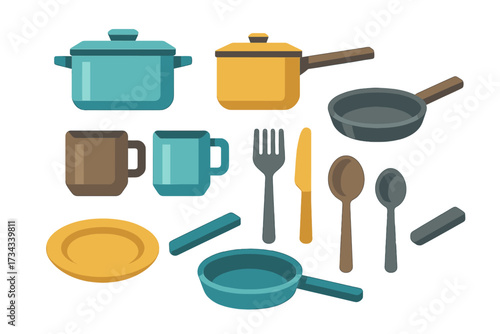 Collection of diverse kitchen and dining essentials including pots, pans, mugs, plates, and assorted cutlery items for cooking and eating