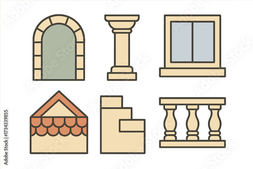 Set of diverse architectural elements featuring windows, arched doorways, classic columns, stairs, and decorative balustrades