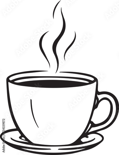 Cup of Steamy Coffee Americano Espresso Hand-drawn Sketch Drawing Vector Illustration, Line Linear Symbol Engraving Coloring Book, Black and White Isolated