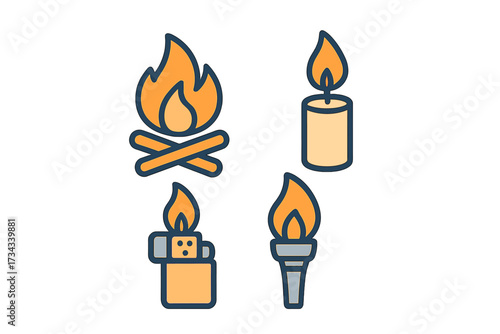 Set of diverse fire sources: a crackling campfire, a glowing lit candle, a classic metal lighter, and a bright flaming torch
