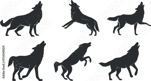 A collection of six wolf silhouettes showcasing various poses and movements in a stylized design..