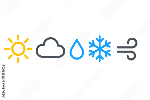 Collection of weather forecast icons featuring sun, cloud, rain, snowflake, and wind symbols for meteorological applications and climate representation