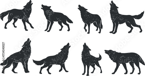 A collection of stylized wolf silhouettes showcasing various poses and movements against a plain background..