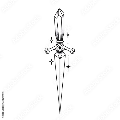 Elegant Crystal Dagger Tattoo Design with Black and White Line Art, and Isolated on White.