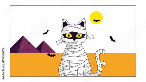 Mummy Cat on Halloween: A stylized illustration of a mummy cat in a desert scene featuring pyramids, bats, and a moon, celebrating the spookiness of Halloween.