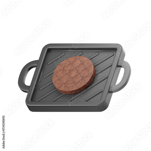 A 3D rendered image of a round burger patty on a square grill pan with handles.