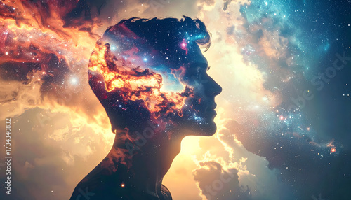 Surreal human silhouette blending into galaxy, double exposure effect