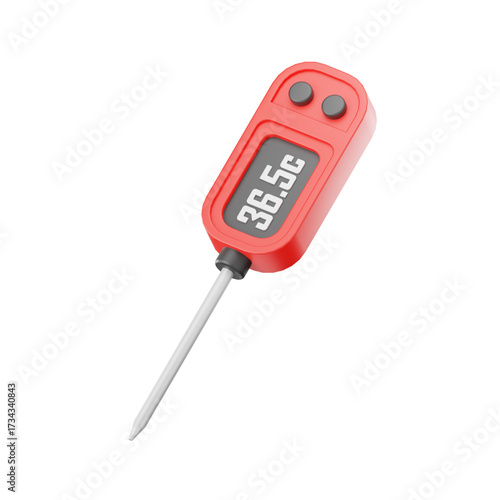 Red digital thermometer showing 36.5 degrees Celsius.