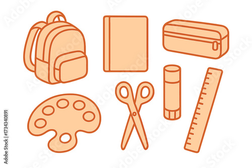 Collection of school and art supplies including backpack, notebook, scissors, ruler, and paint palette