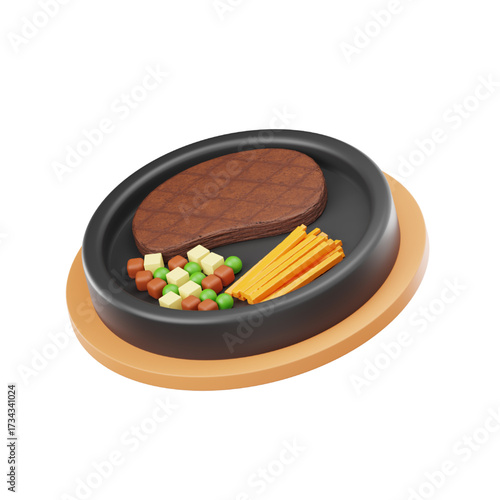 A 3D rendered icon of a grilled beef steak served on a sizzling platter with french fries and mixed vegetables.