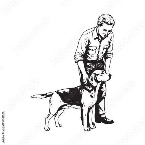 Man petting a beagle dog line art animal