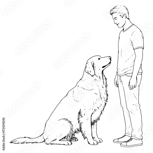 Man Standing Beside a Large Sitting Dog animal friendship