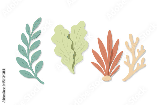 Stylized botanical elements with layered paper cut effect in soft pastel colors, abstract nature shapes and organic forms for decorative design