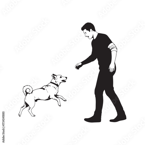 Silhouette of man throwing ball for dog jumping vector