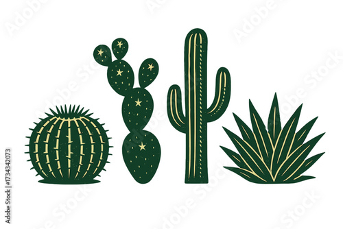 Stylized desert plants set with various cacti including prickly pear, saguaro, barrel cactus, and an agave plant