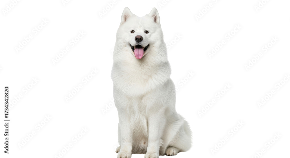 Εκτύπωση καμβά Isolated Samoyed dog sitting with tongue out, beautiful fluffy purebred breed an
