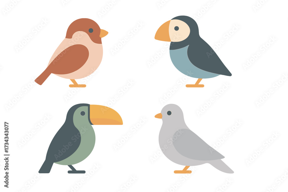 Obraz premium Stylized bird collection featuring a sparrow, puffin, toucan, and dove with a contemporary artistic look