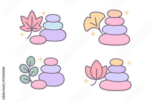 Zen stone stacks with natural botanical elements and sparkling accents in a soothing pastel color palette