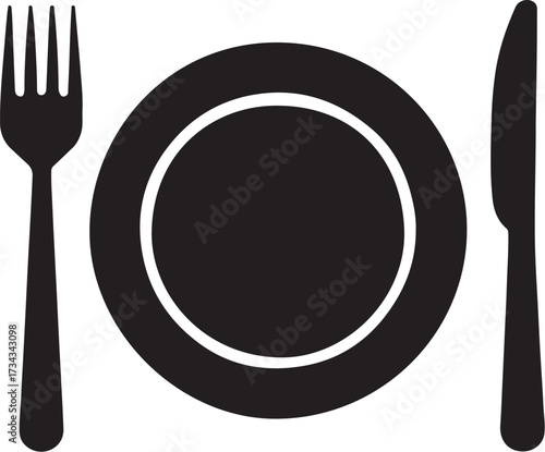 PrintBlack silhouette of a plate with fork and knife on white background