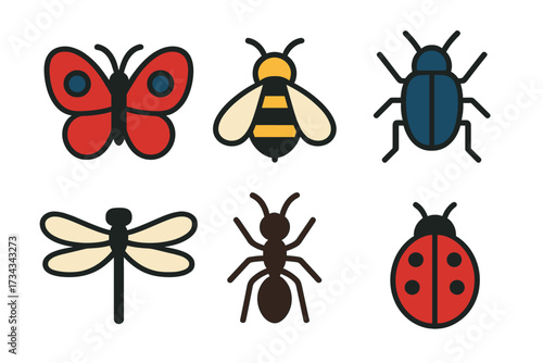 Vibrant collection of colorful cartoon insect icons featuring a butterfly, bee, beetle, dragonfly, ant, and ladybug